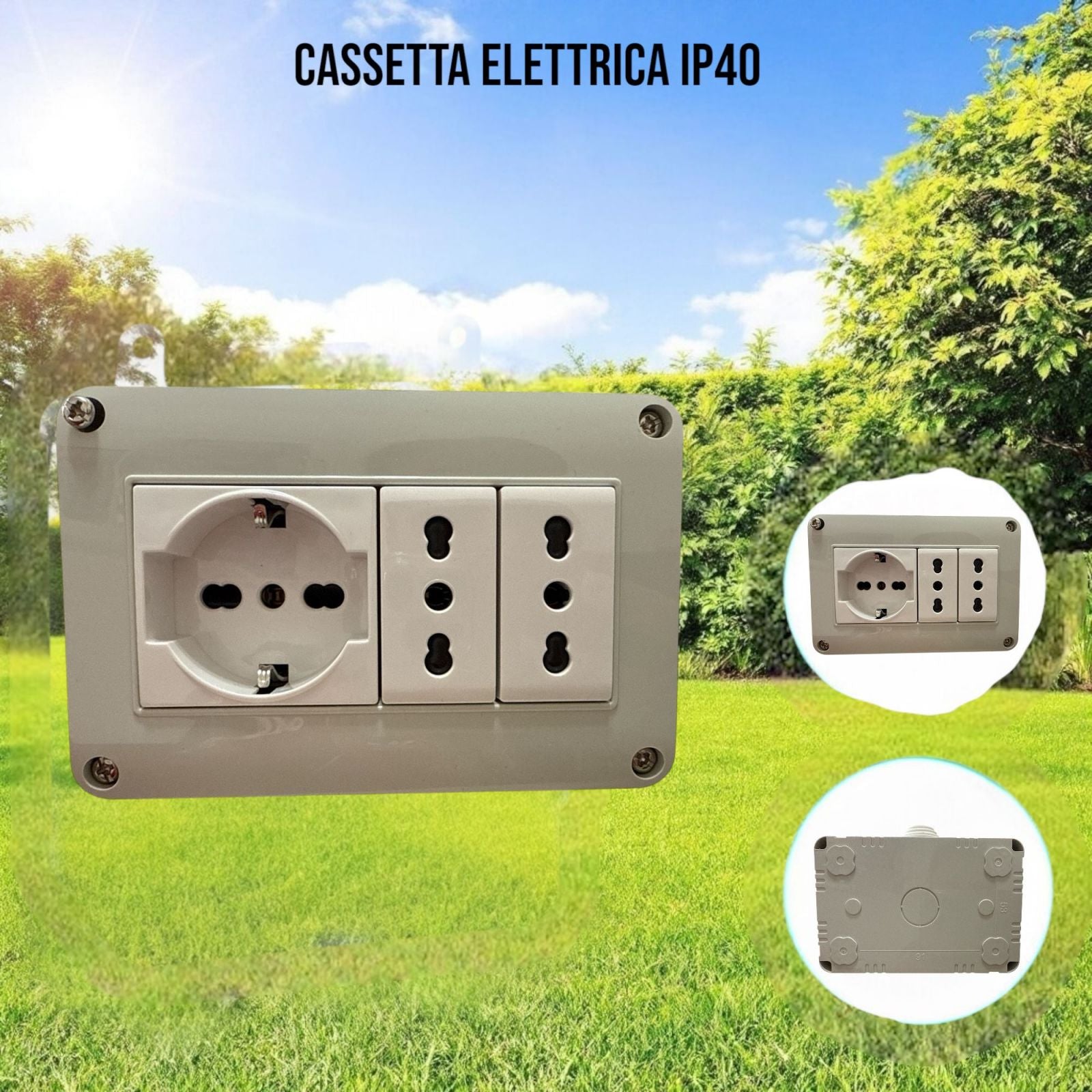 Cassetta elettrica pronta all'uso per interni IP40 presa 1 Schuko + 2 Bipasso