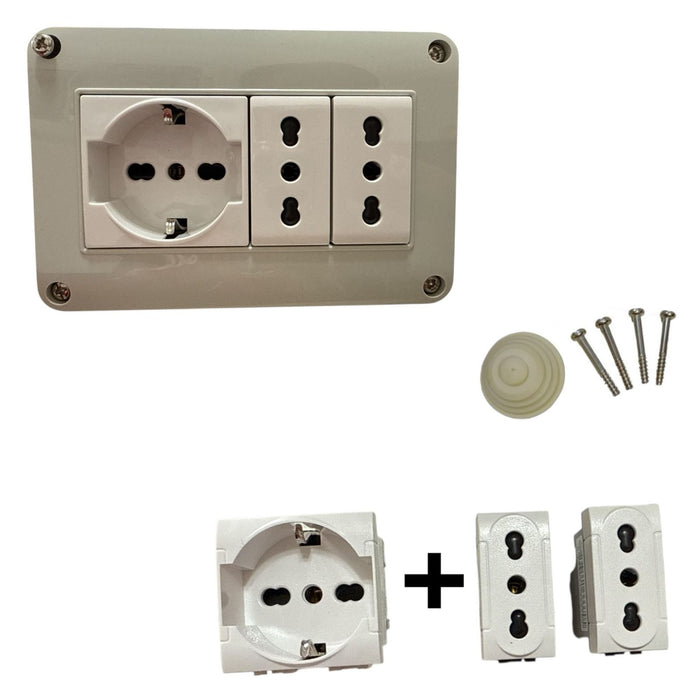 Cassetta elettrica pronta all'uso per interni IP40 presa 1 Schuko + 2 Bipasso