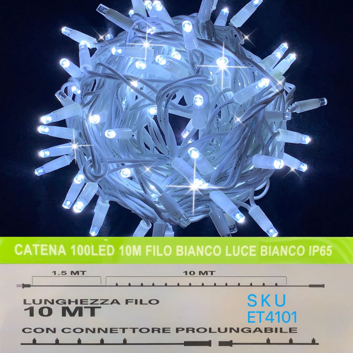 Luci Natalizie Catena Luminosa 100 LED 10 Metri  Filo Bianco Luce Bianco Flash Bianco IP65