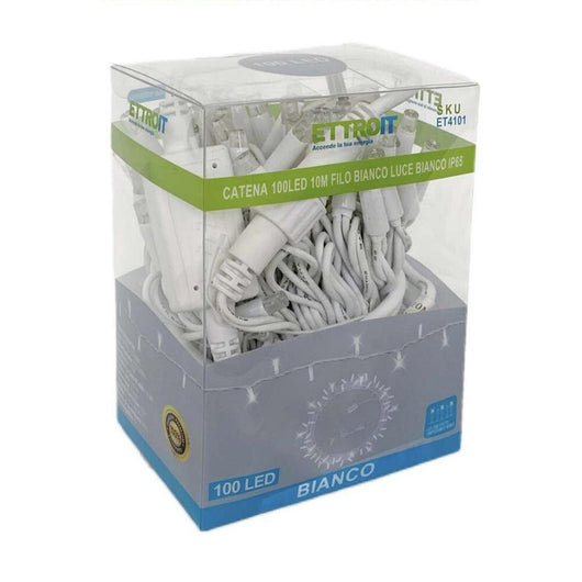 Catena Luminosa di Luci Led IP65 10 Metri Con 100 Led Filo Bianco Luce Bianco Freddo Con Connettore Allungabile