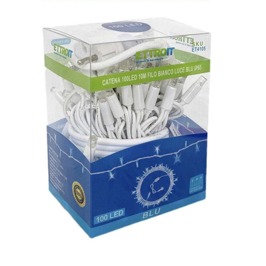 Catena Luminosa di Luci Led IP65 10 Metri Con 100 Led Filo Bianco Luce Blu Con Connettore Allungabile