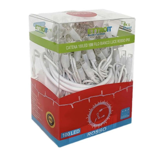 Catena Luminosa di Luci Led IP65 10 Metri Con 100 Led Filo Bianco Luce Rosso Con Connettore Allungabile
