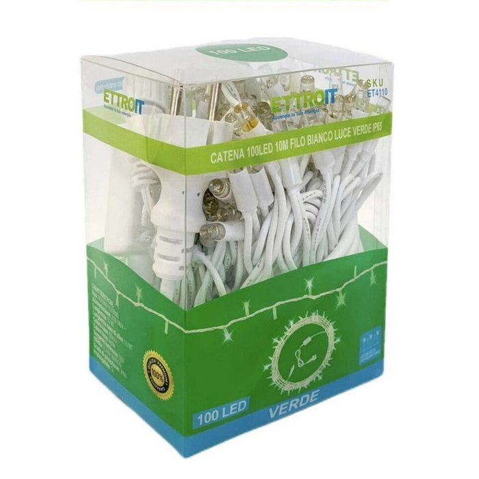 Catena Luminosa di Luci Led IP65 10 Metri Con 100 Led Filo Bianco Luce Verde Con Connettore Allungabile