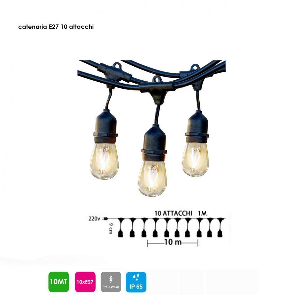 Catenaria per esterno nera con cavi pendenti da 10mt con 10 portalampada E27