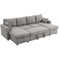 Divano Letto Moderno a U con 2 Chaise Longue e Vani Contenitore, Velluto a Coste, 282x140x86 cm, Grigio