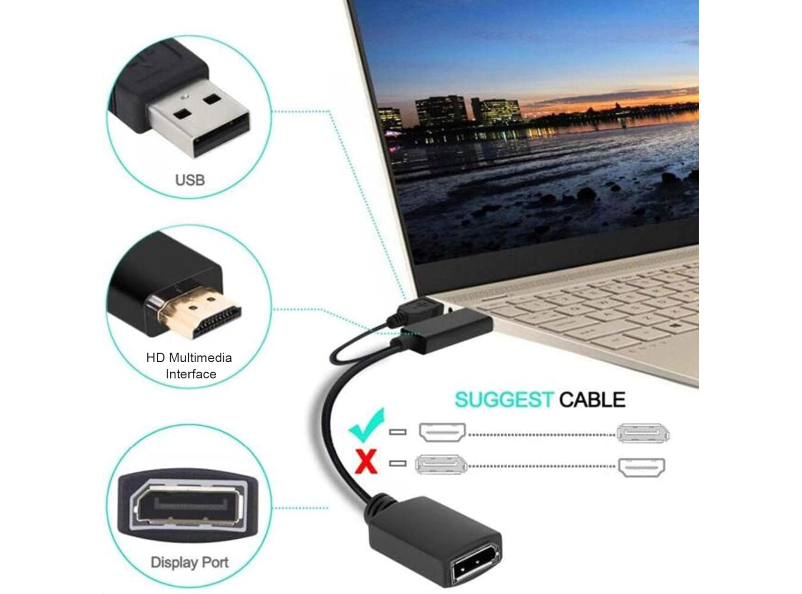 Cavo Adattatore da HDMI 4K 60Hz a Cavo Adattatore DisplayPort con Cavo Adattatore Video di Alimentazione USB per Computer da 25cm Interfaccia Multimediale