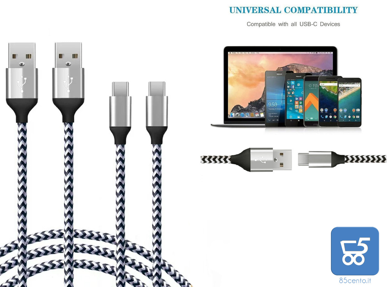 Cavo USB type-C 1Mt 2 Pezzi 3A Ricarica Rapida Nylon Intrecciato compatibile con gli smartphone tablet PC