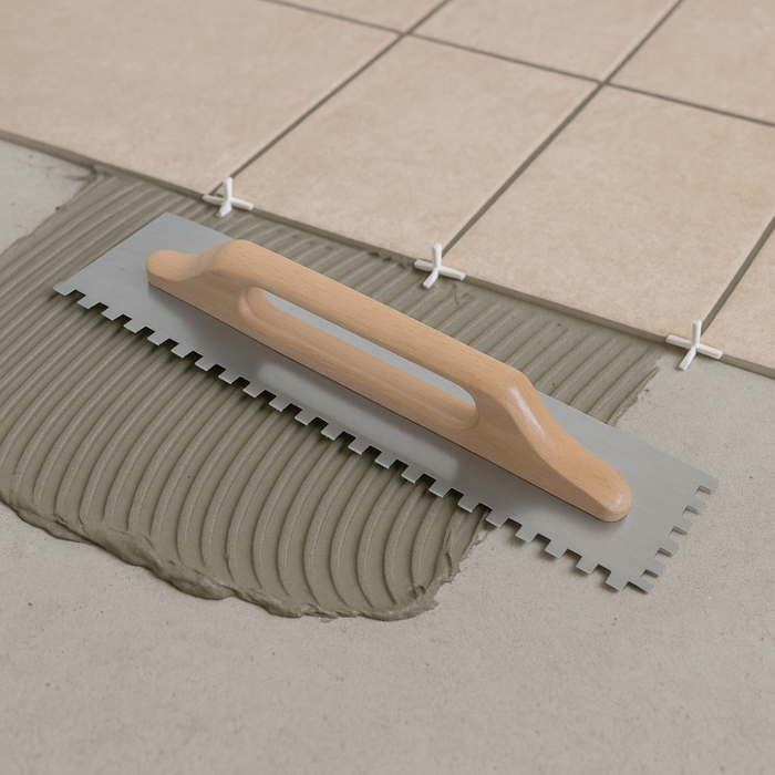 Spatola dentata acciaio 48x13cm impugnatura legno cerato 10x10mm raimondi