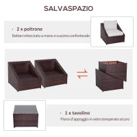 Set Mobili da Balcone in PE Rattan, Tavolo da Giardino con Poltroncine e Cuscini, Marrone