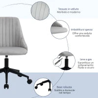 Sedia da Ufficio in Velluto Grigio con Altezza Regolabile, Sedia Ergonomica Girevole a 360° e Ruote, 50x58x77-87cm