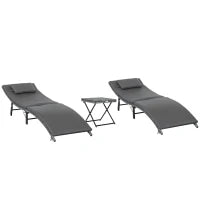 Lettini Prendisole Richiudibili con Cuscini Rimovibili e Tavolino Pieghevole, Set 3 Pz in Rattan, Grigio