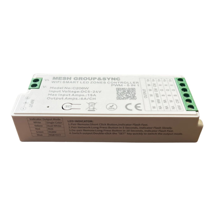 Centralina Controller 5 In 1 WIFI, RF 2.4G TUYA, Smart Life, Max 15A Tot. (6A/CH) DC5-24V 360W, Per Striscia Led Mono Colore, CCT, RGB, RGBW, RGBCCT