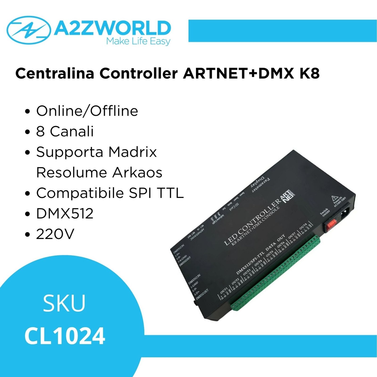 Centralina Controller ARTNET+DMX K8 Console LED Pixel, Online/Offline, 8 Canali, Supporta Madrix Resolume Arkaos, Compatibile SPI TTL DMX512, 220V