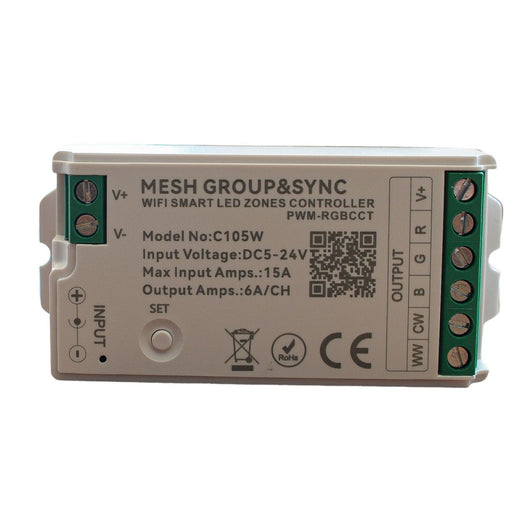 Centralina Controller Per Striscia Led RGBCCT WIFI 2.4G, RF 2.4G TUYA, Smart Life Max 15A Tot. (6A/CH) DC5-24V 360W 5 Canali RGBCCT CLC105R Bianco
