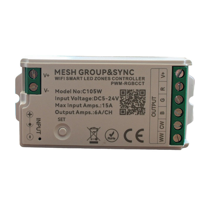 Centralina Controller Per Striscia Led RGBCCT WIFI 2.4G, RF 2.4G TUYA, Smart Life Max 15A Tot. (6A/CH) DC5-24V 360W 5 Canali RGBCCT CLC105R Bianco
