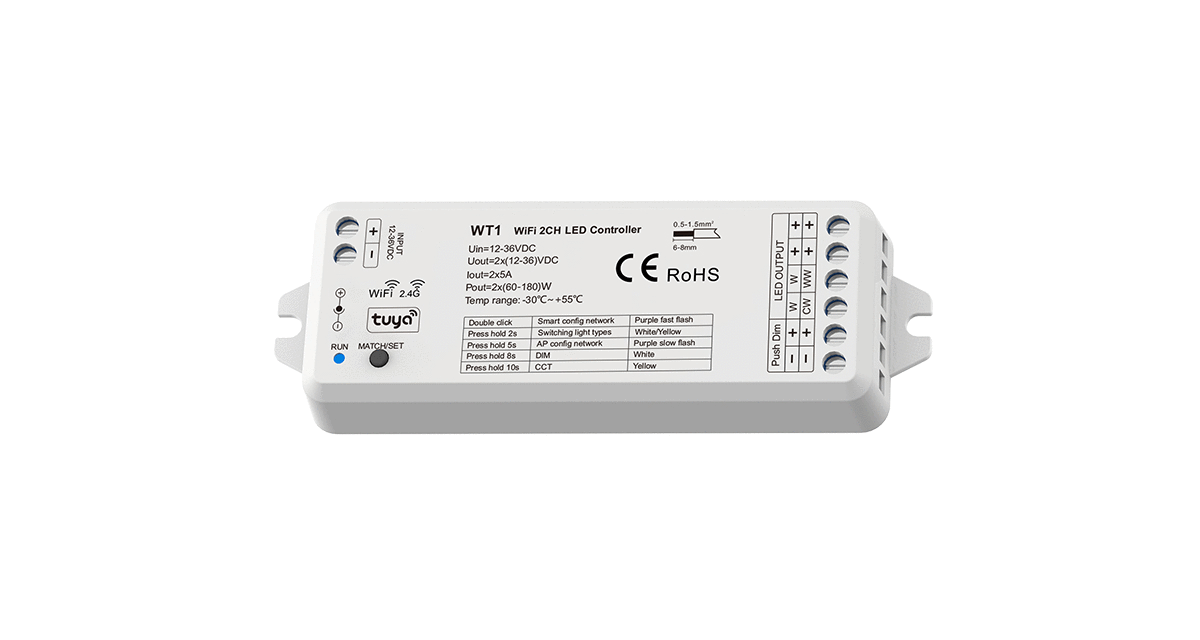 Centralina Elettronica per Striscia LED 2 Canali Dimmer 2 in 1 Con APP Tuya Compatibile Alexa Google WIFI,RF,PUSH