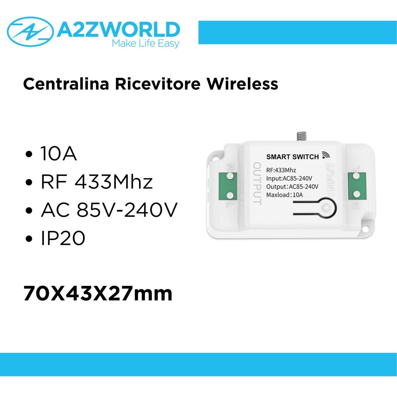 Centralina Ricevitore Wireless Installazione Interruttore Senza Cavi 10A RF 433MHz AC 85V-240V IP20 Bianco 70X43X27mm