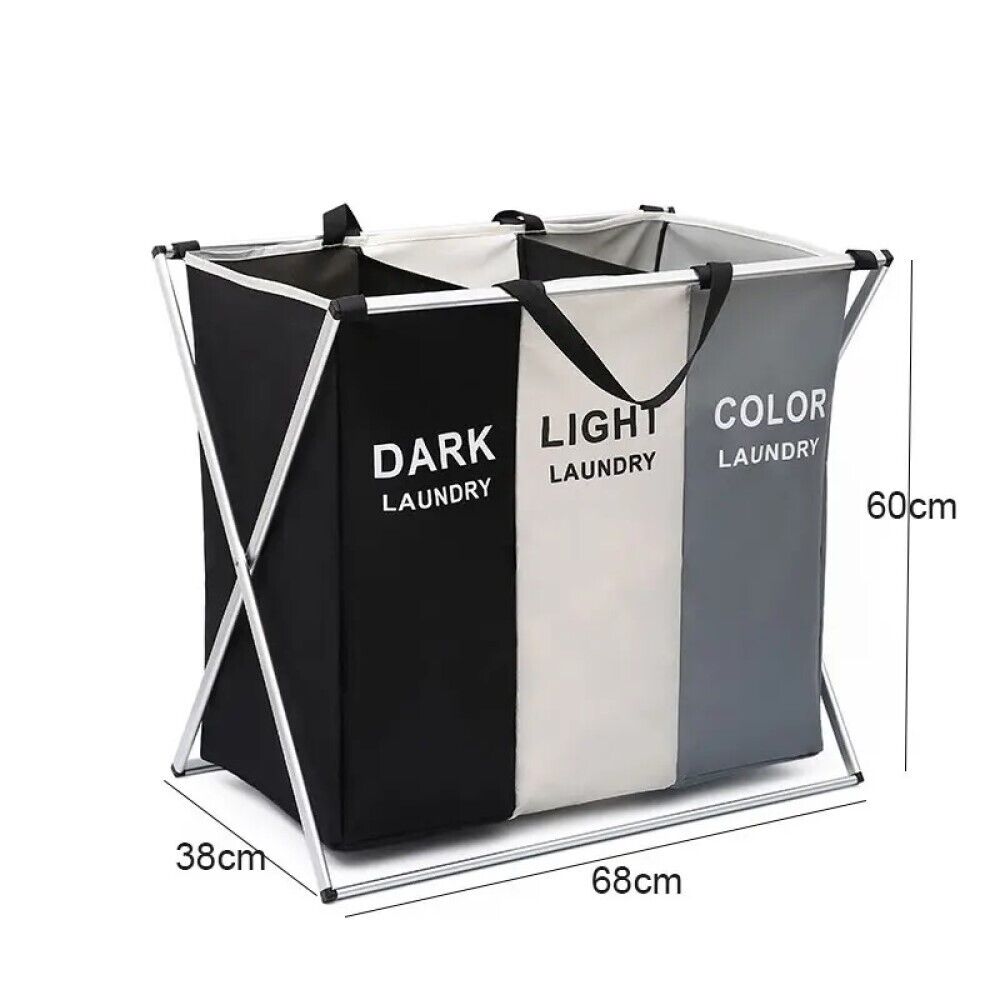 Cesto Biancheria Portabiancheria 3 Scomparti Pieghevole in Alluminio e Tessuto