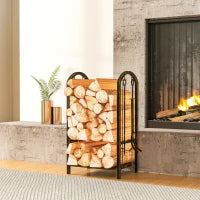 Portalegna per interni a 2 Livelli, con 4 Attrezzi per Camino e Ganci, 43x30x74 cm, Marrone