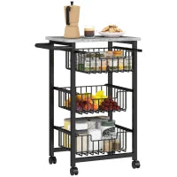 Carrello da Cucina a 3 Cestelli con Maniglia, in Acciaio e Legno, 49.5x31x69 cm, Nero e Grigio Chiaro