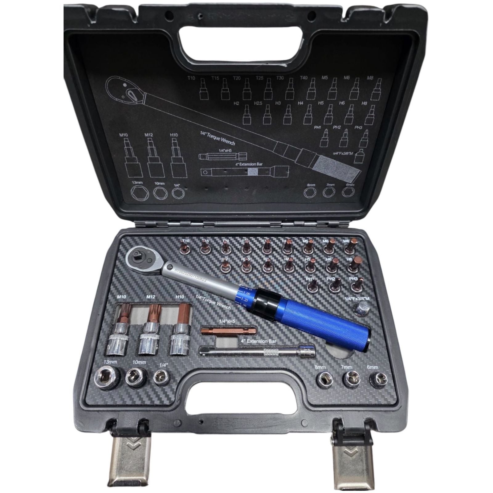 Chiave Dinamometrica 1/4" 5-25Nm Set 33pz Torx Esagonali Auto Moto + Custodia