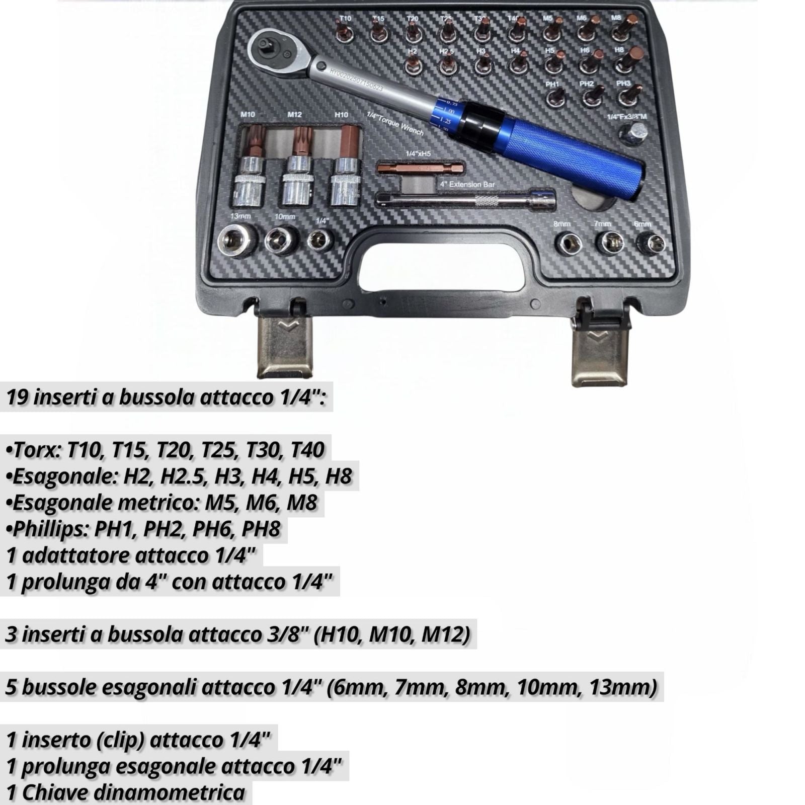 Chiave Dinamometrica 1/4" 5-25Nm Set 33pz Torx Esagonali Auto Moto + Custodia