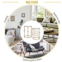 Set 2 Pezzi Tavolini da Caffè Design Elegante con Motivi a Cerchio, Metallo e Vetro Temperato Φ41x57cm & Φ36x51cm, Oro