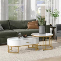 Set di 2 Tavolini da Salotto Moderni con Struttura in Metallo Dorato e Ripiani Spaziosi, Dimensioni 100x48x38,5 cm e 70x70x44,5 cm, Bianco