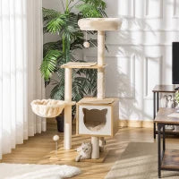 Tiragraffi per Gatti con 2 Pali, Casetta, Amaca, Lettino e 2 Palline, in Legno, Pile e Sisal, 48x40x126 cm