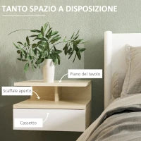 Set da 2 Comodini Sospesi con Cassetto e Ripiano Superiore, in Legno, 35x32x22.5 cm, Bianco e Rovere
