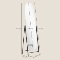 Specchio da Terra a Corpo Intero Senza Cornice, con Supporto in Metallo, 160x40 cm, Nero