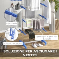 Stendino Verticale con 3 Ripiani Regolabili, in Acciaio e Plastica, 142x55x152 cm, Blu e Argento