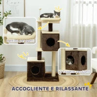 Albero Tiragraffi per Gatti con 2 Casette, Lettino, Piattaforme di Salto e Pallina, in Legno, 55x48x107 cm