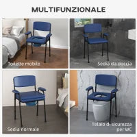 Sedia Comoda 5 in 1 per Anziani e Disabili per WC e Doccia, Altezza Regolabile e Secchio Rimovibile, Blu
