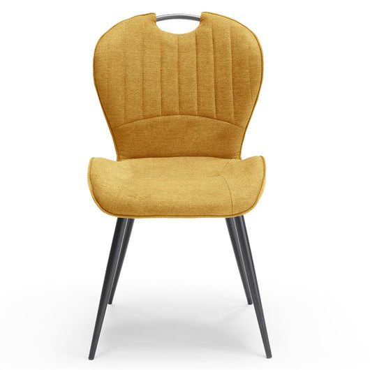 Sedia imbottita per sala da pranzo CLARA, design moderno, gambe coniche robuste in metallo, rivestimento in tessuto idrorepellente morbido al tatto colore Senape