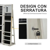 Specchio Portagioie a LED con 4 Scaffali e Spazi Portaoggetti, in Legno e Vetro, 15x15x61.75 cm, Bianco