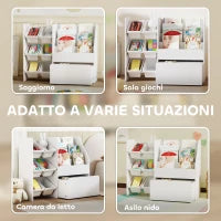 Scaffale Portagiochi con 6 Cesti, 3 Ripiani e Box Inferiore, in Legno, Plastica e Acciaio, 100x30x80 cm, Bianco