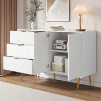 Credenza con ante e ripiani interni, cassetti, maniglie e gambe dorate, 120x38x80,5 cm, Bianco