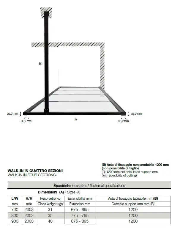 Doccia Walk In H200 Anticalcare 8mm Trasparente Telaio Finestrato Nero Opaco - 79.5 cm
