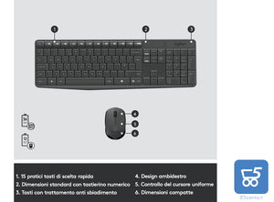 Combo Tastiera e Mouse Wireless Logitech per Windows Ricevitore Unifying USB 2,4 GHz 15 Tasti FN Lunga Durata della Batteria PC Layout Italiano QWERTY