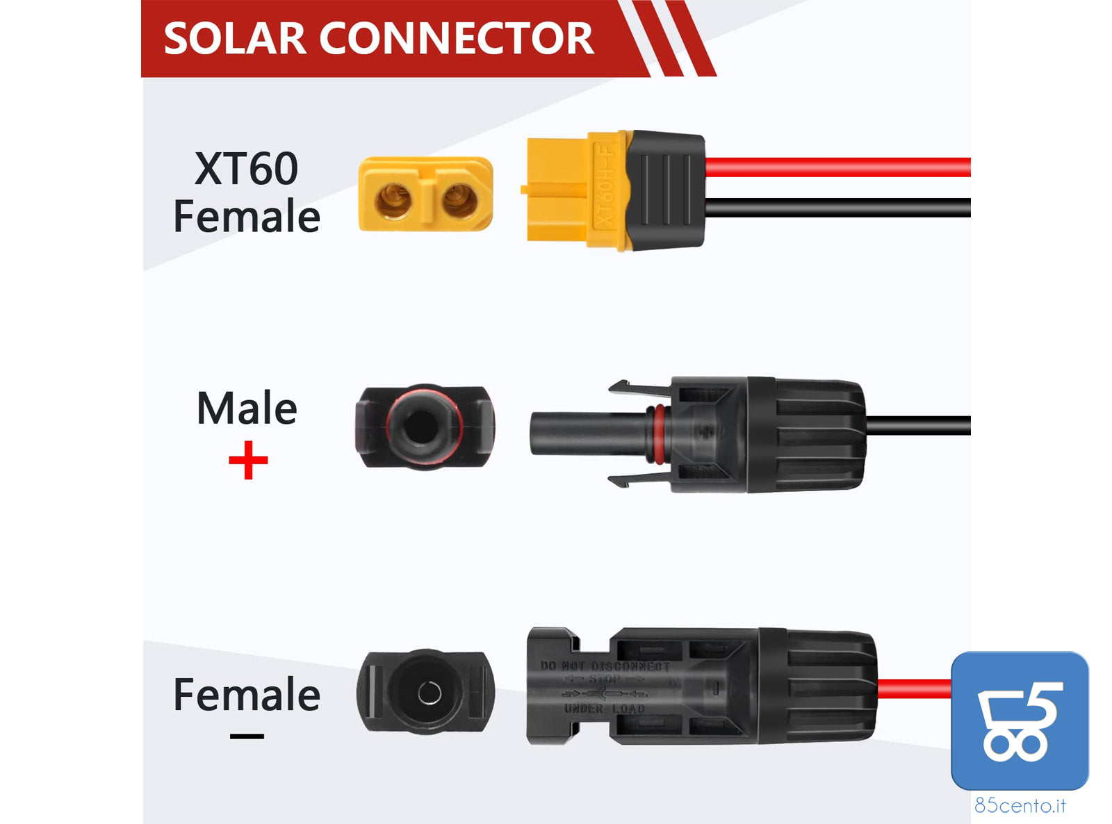 Connettore Solare Adattatore XT60 per Collegamento dei Pannelli Solari 12AWG