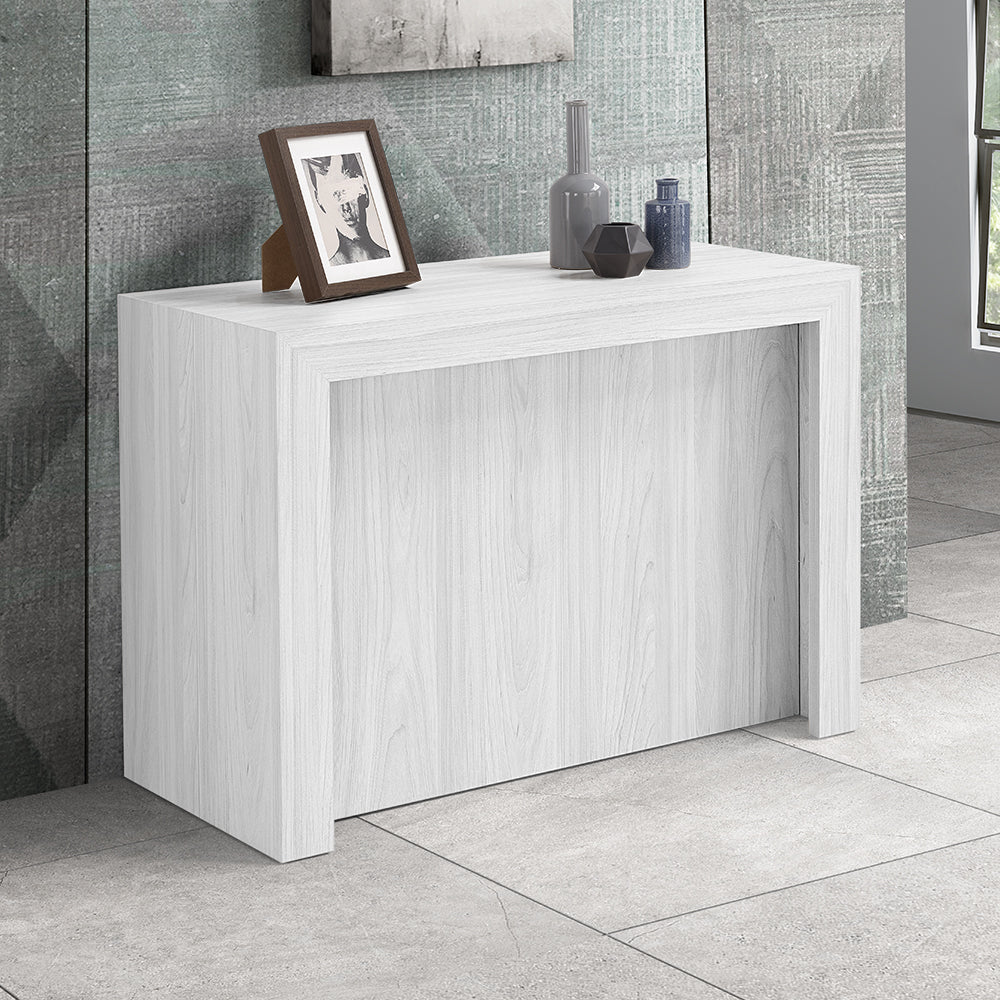 Tavolo Consolle allungabile 100x46 (+5x50) Bianco Frassino modello ANDROMEDA MADE IN ITALY con 5 allunghe da 50 cm design moderno ideale per ingresso, soggiorno e sala da pranzo