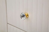 Consolle metallo dorato, tessuto crema e similmarmo, cassetti e ante 120x40x85cm Montpellier