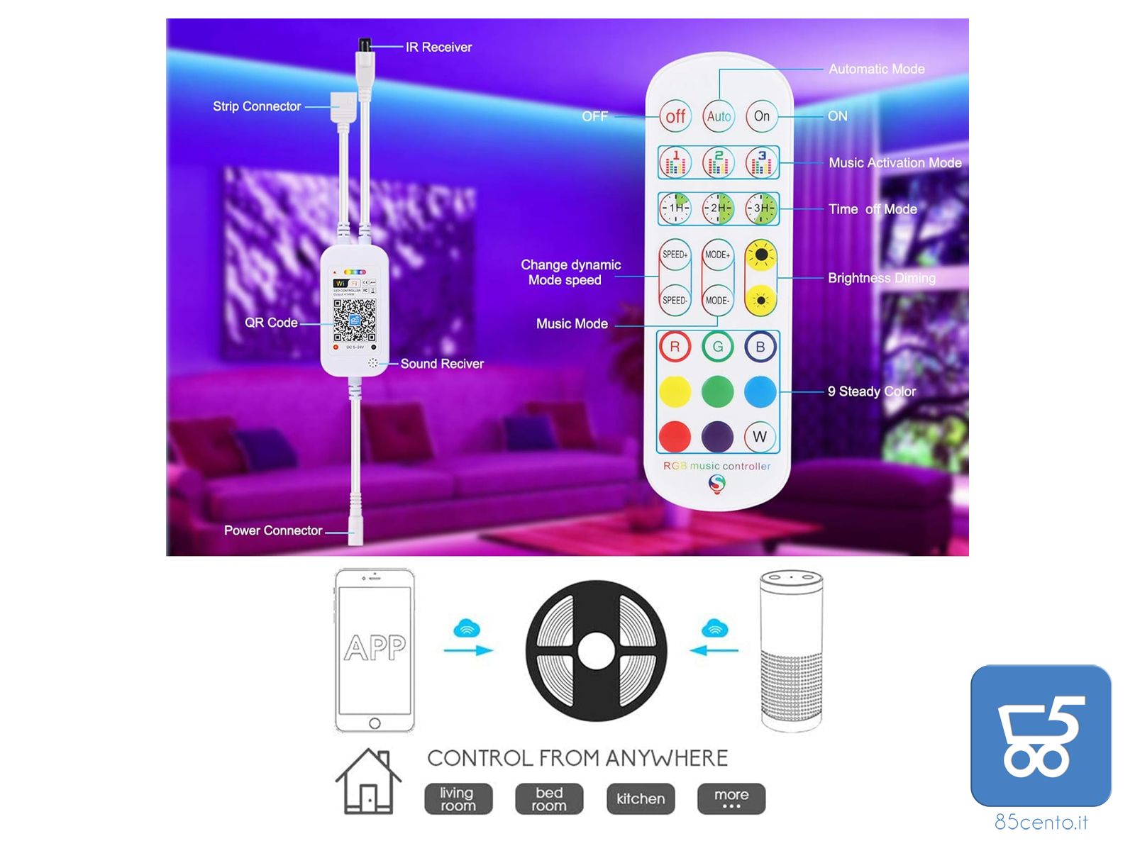 Controller WIFI per Strisce LED Ricevitore Wireless Telecomando IR a 24 Tasti Controllo Vocale con Alexa Google Assistant APP IOS Android per Nastri LED RGB 2.4Ghz