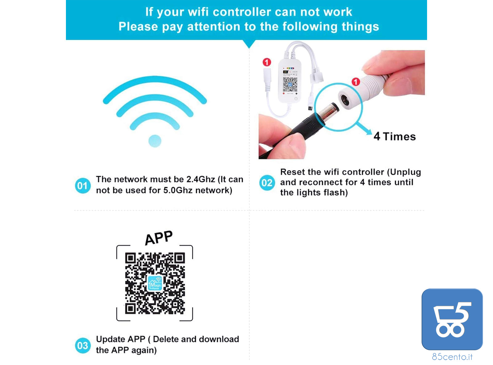 Controller WIFI per Strisce LED Ricevitore Wireless Telecomando IR a 24 Tasti Controllo Vocale con Alexa Google Assistant APP IOS Android per Nastri LED RGB 2.4Ghz