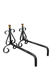 Alari in Ferro Battuto per Camino con Pomelli in Ottone, 30x26h cm, Design Decorativo