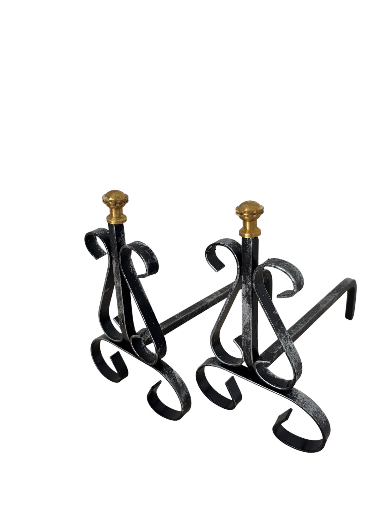 Alari in Ferro Battuto per Camino con Pomelli in Ottone, 30x26h cm, Design Decorativo