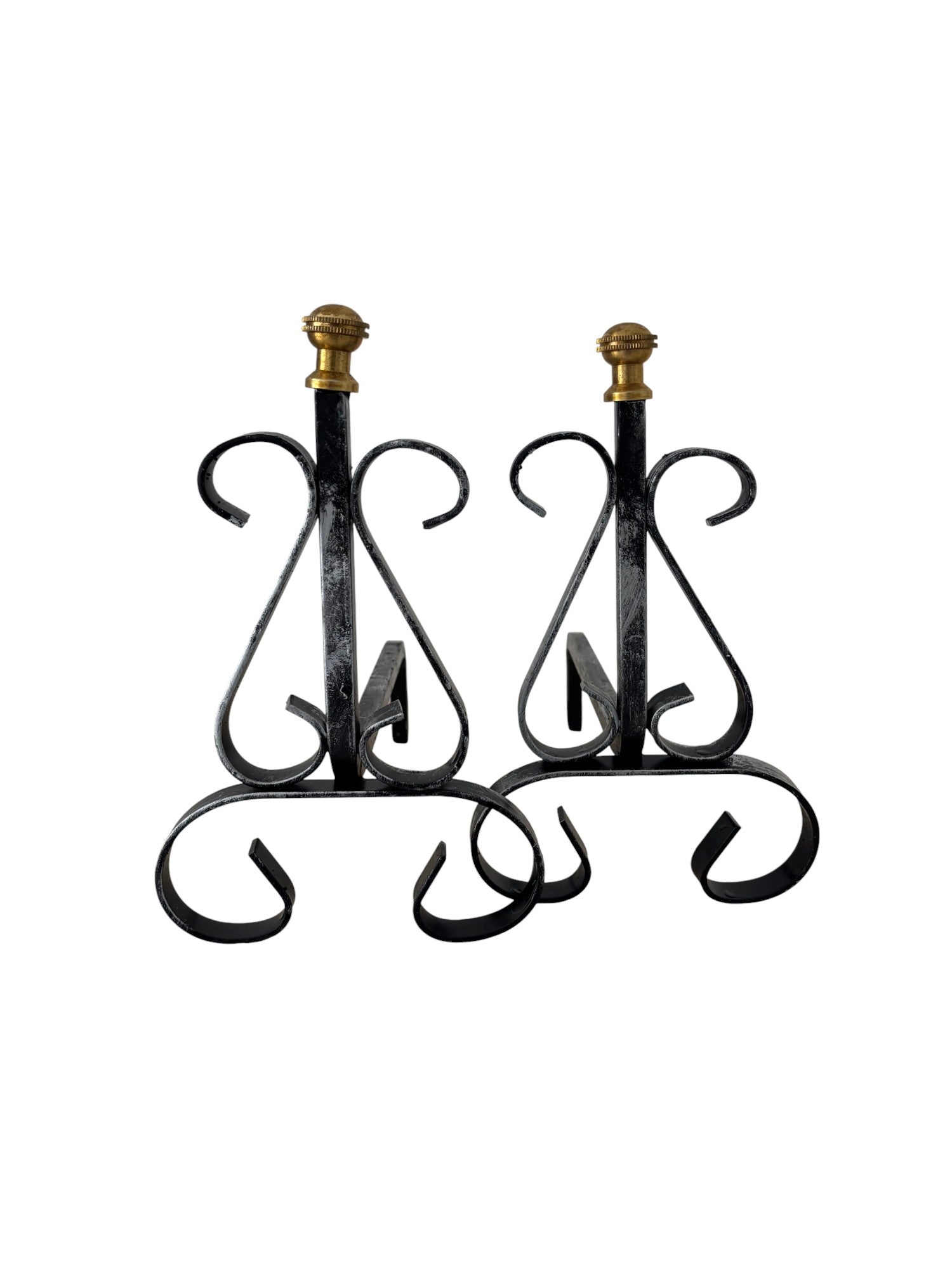 Alari in Ferro Battuto per Camino con Pomelli in Ottone, 30x26h cm, Design Decorativo