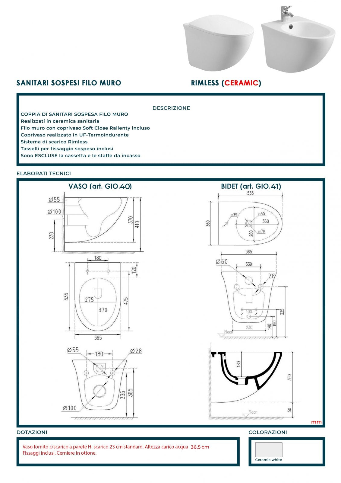 Coppia di sanitari wc e bidet sospesi ceramica SICENA MOON