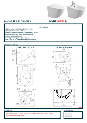 Coppia di sanitari wc e bidet sospesi ceramica SICENA MOON